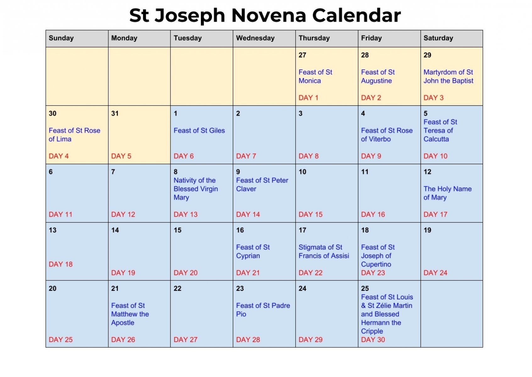 Novena to St Joseph Calendar