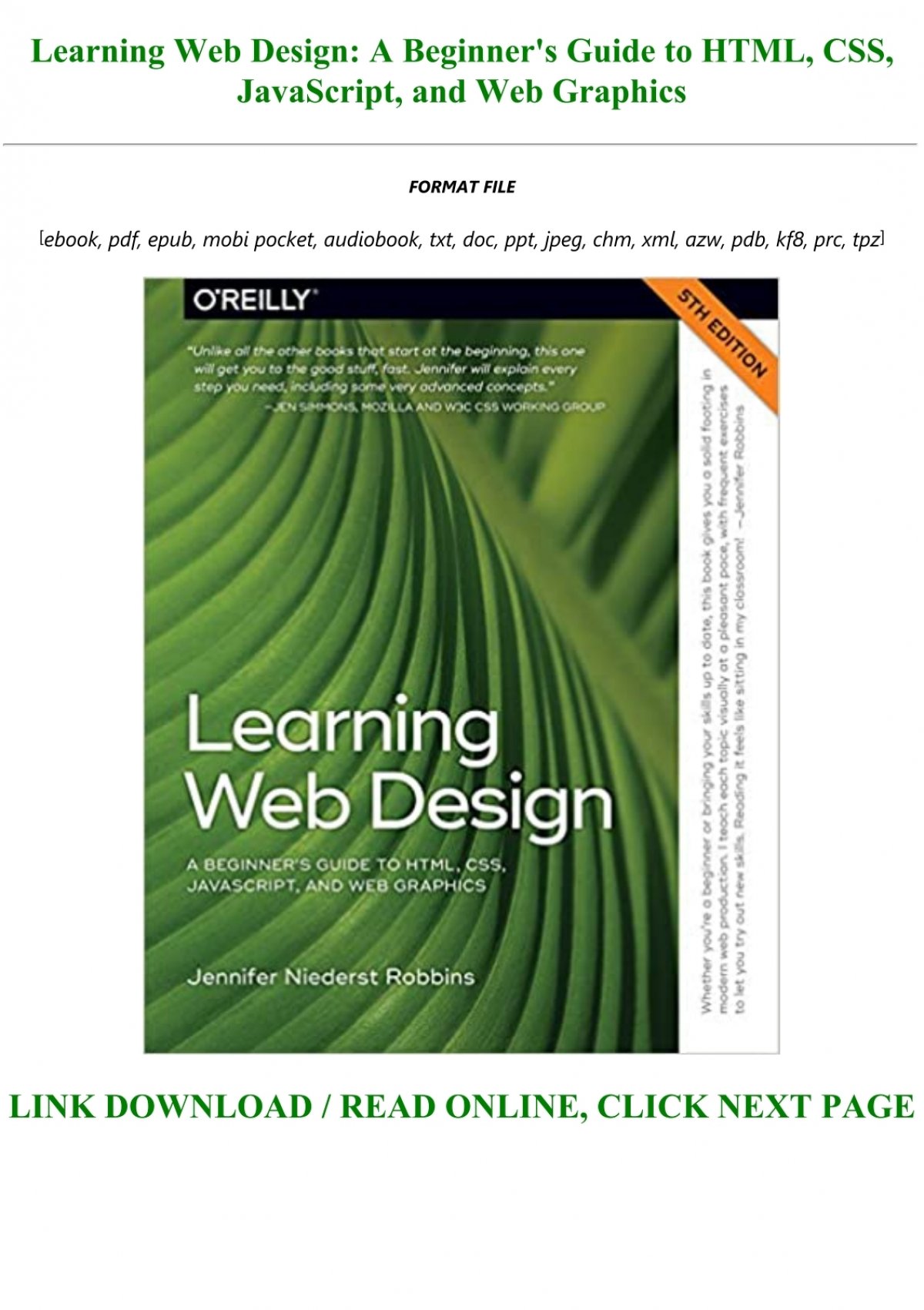 Ebook Learning Web Design A Beginners Guide To Html Css Javascript And Web Graphics For 6180