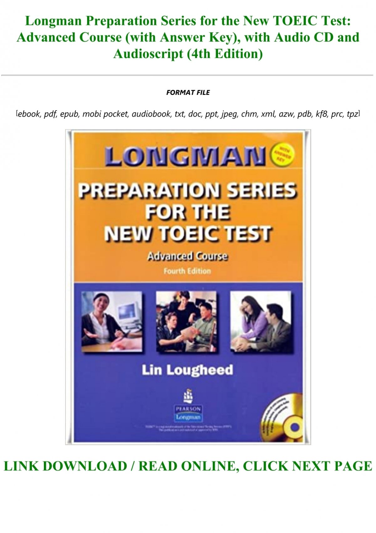 Download Longman Preparation Series For The New Toeic Test Advanced Course With Answer Key With Audio Cd And Audioscript 4th Edition Full Audiobook