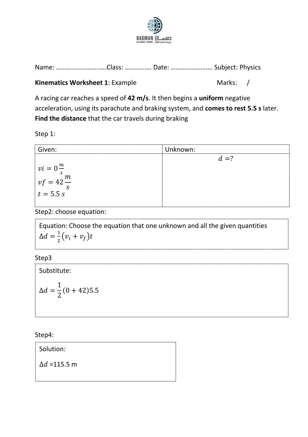 Kinematics Worksheet 1 and 2 Answer key