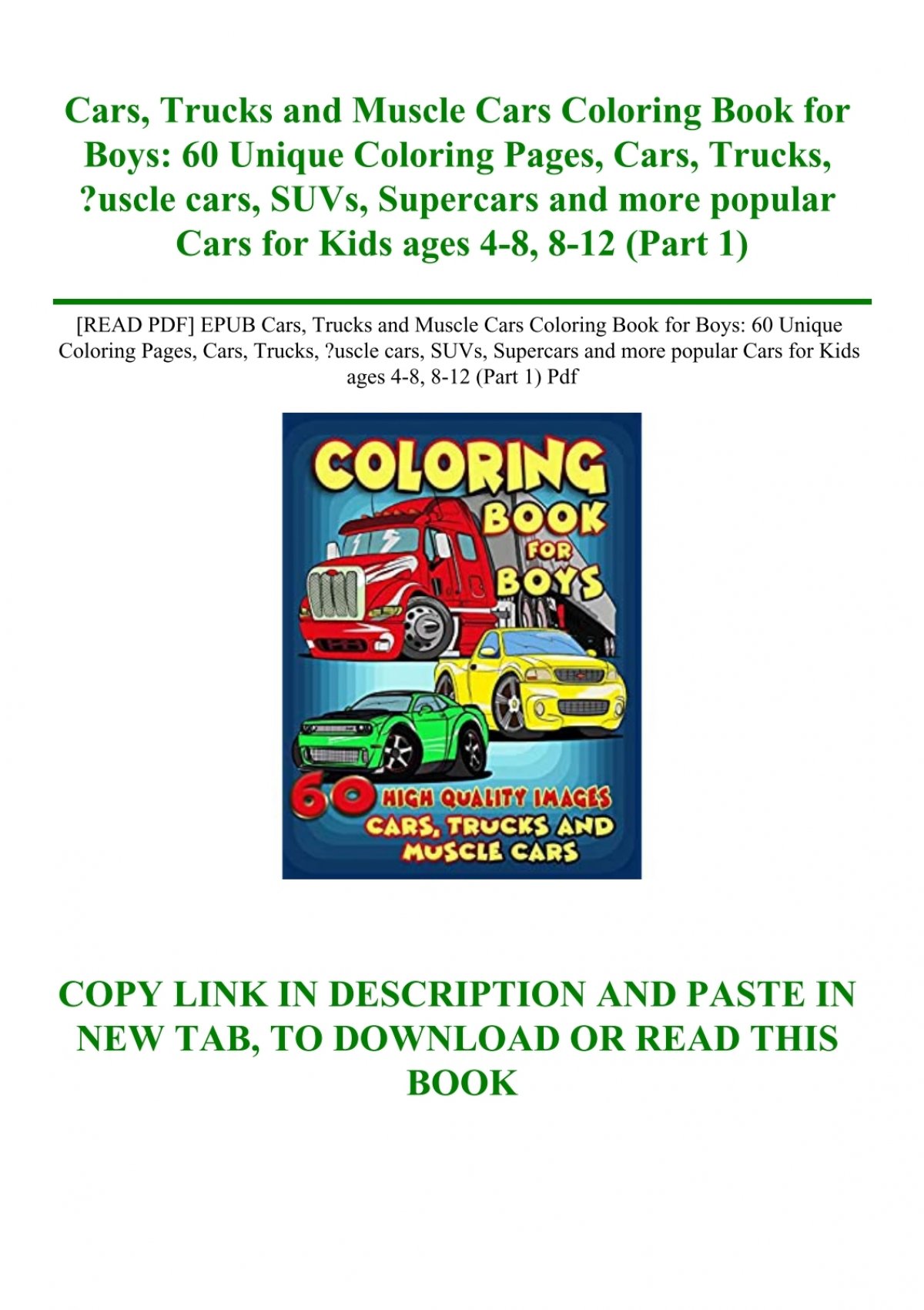 Download Read Pdf Epub Cars Trucks And Muscle Cars Coloring Book For Boys 60 Unique Coloring Pages Cars Trucks Uscle Cars Suvs Supercars And More Popular Cars For Kids Ages 4 8 8 12 Part 1 Pdf