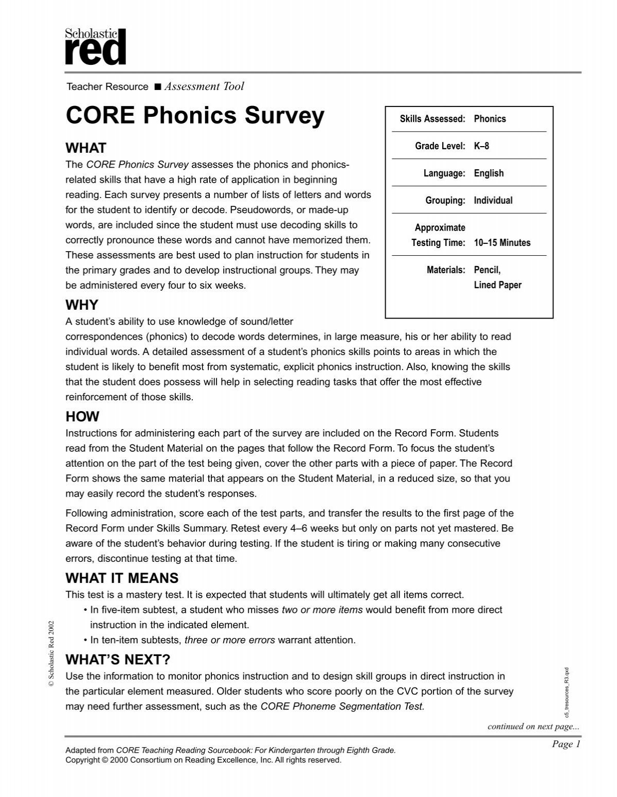 CORE Phonics Survey Record Form SENIA