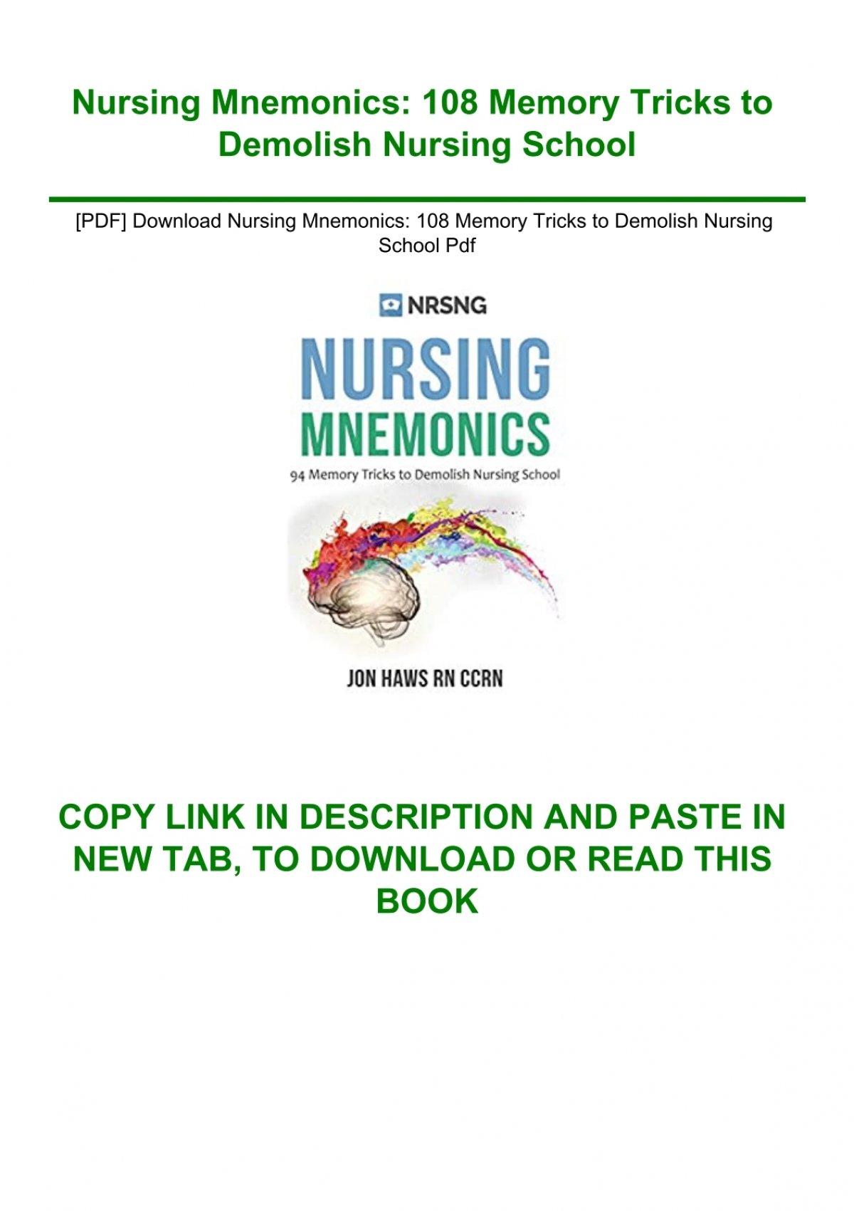 PDF] Download Nursing Mnemonics 108 Memory Tricks to Demolish Nursing  School Pdf