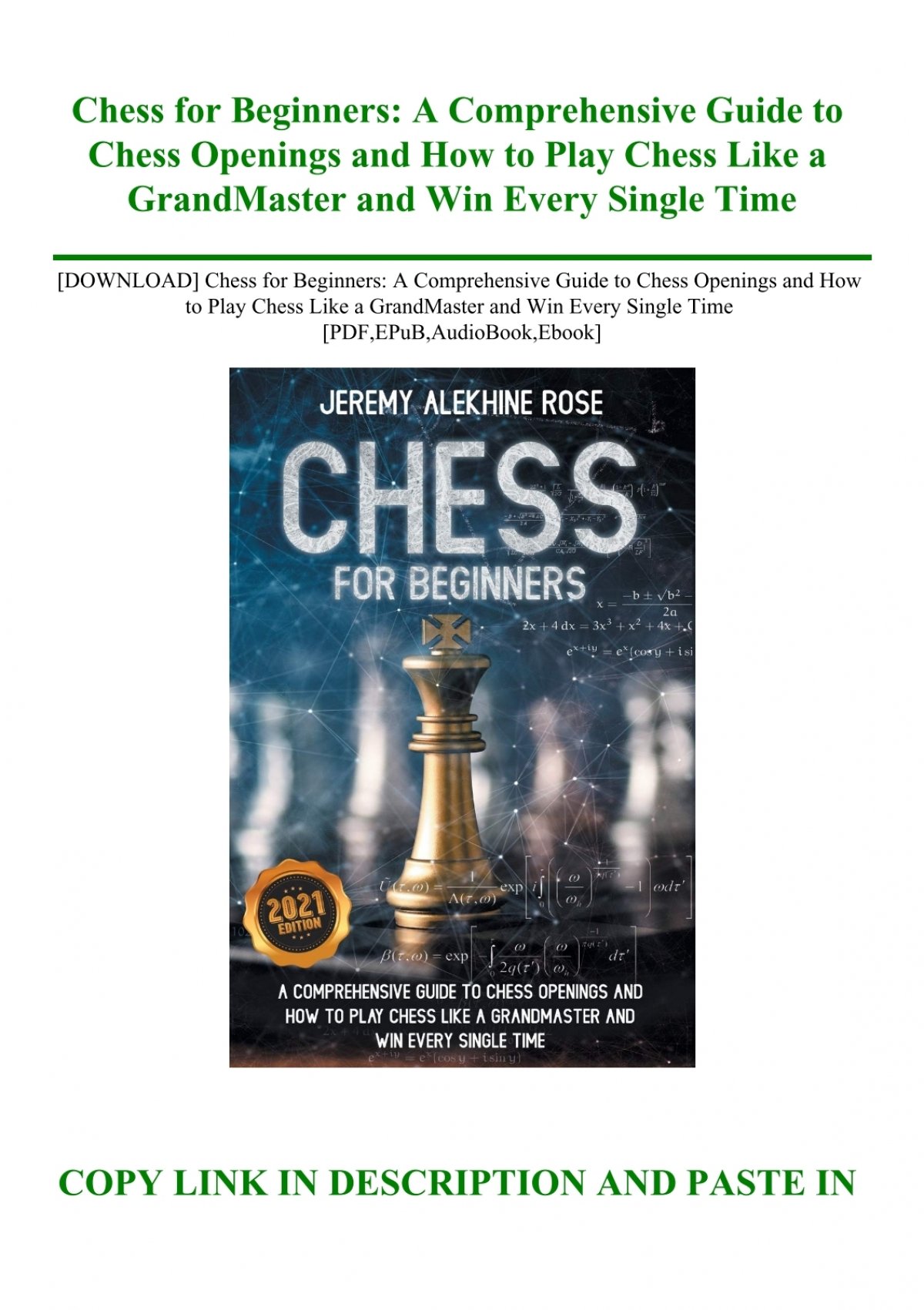 Download Chess For Beginners A Comprehensive Guide To Chess Openings And How To Play Chess Like A Grandmaster And Win Every Single Time Pdf Epub Audiobook Ebook