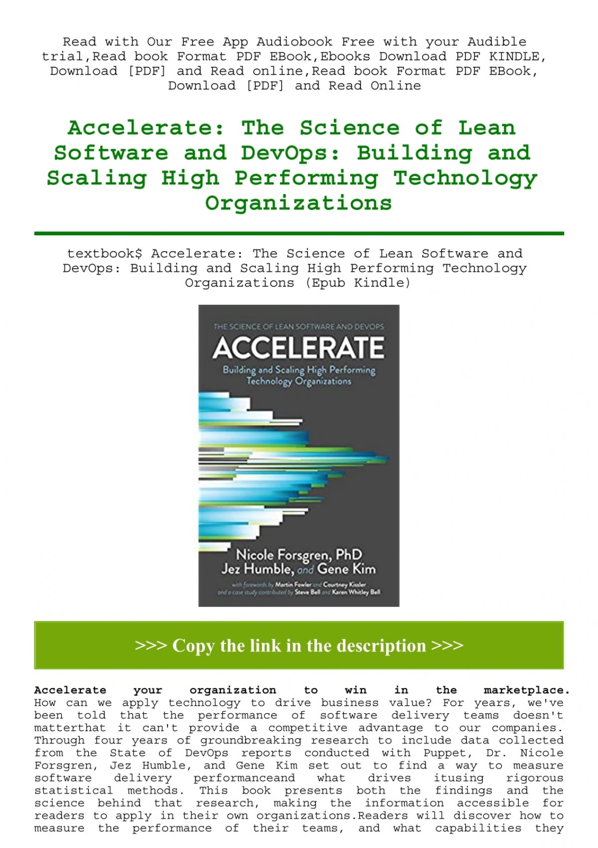 textbook$ Accelerate The Science of Lean Software and DevOps Building and Scaling  High Performing Technology Organizations (Epub Kindle)