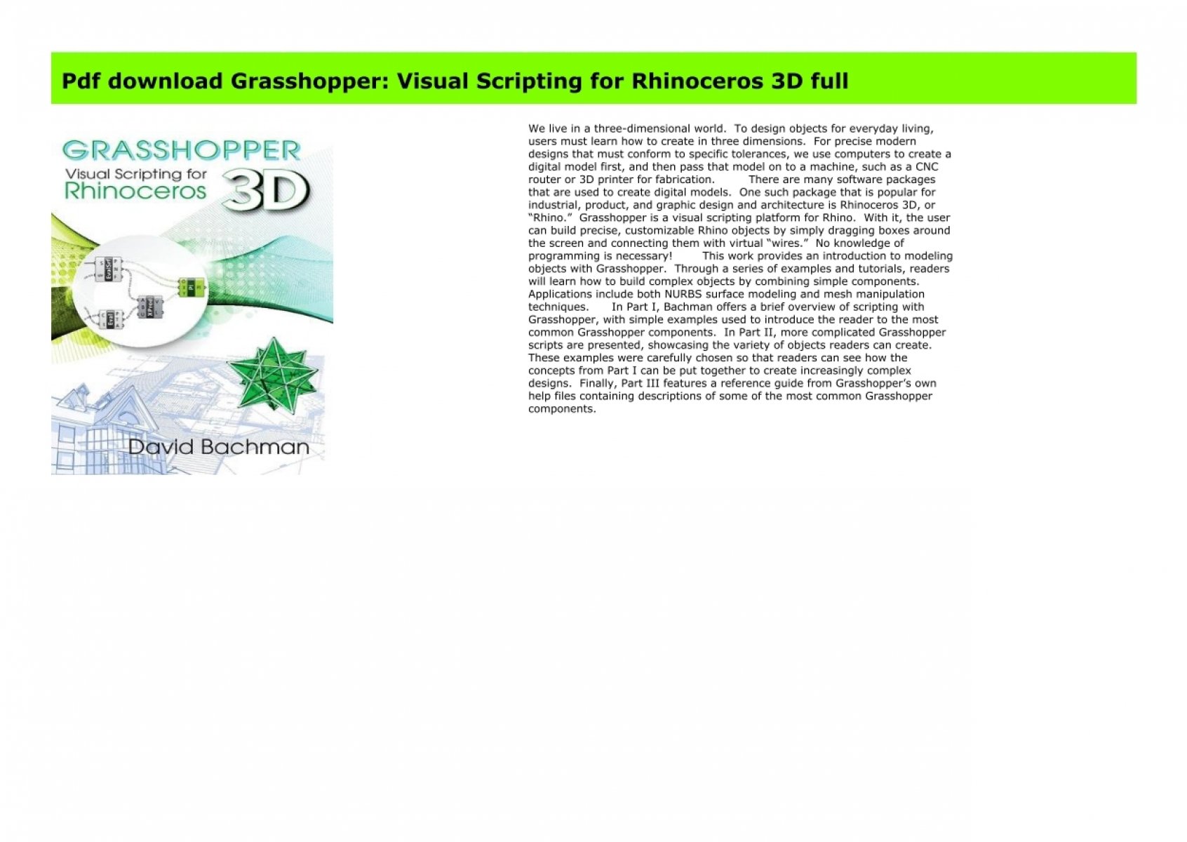 grasshopper visual scripting for rhinoceros 3d pdf download