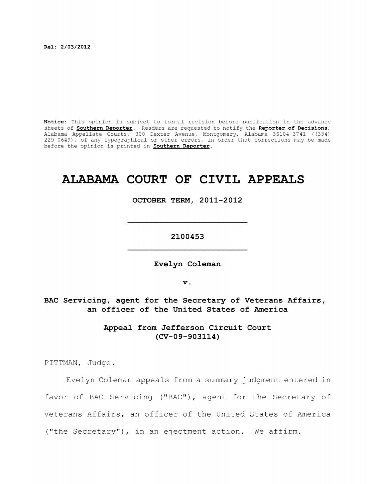 ALABAMA COURT OF CIVIL APPEALS Alabama Appellate Watch