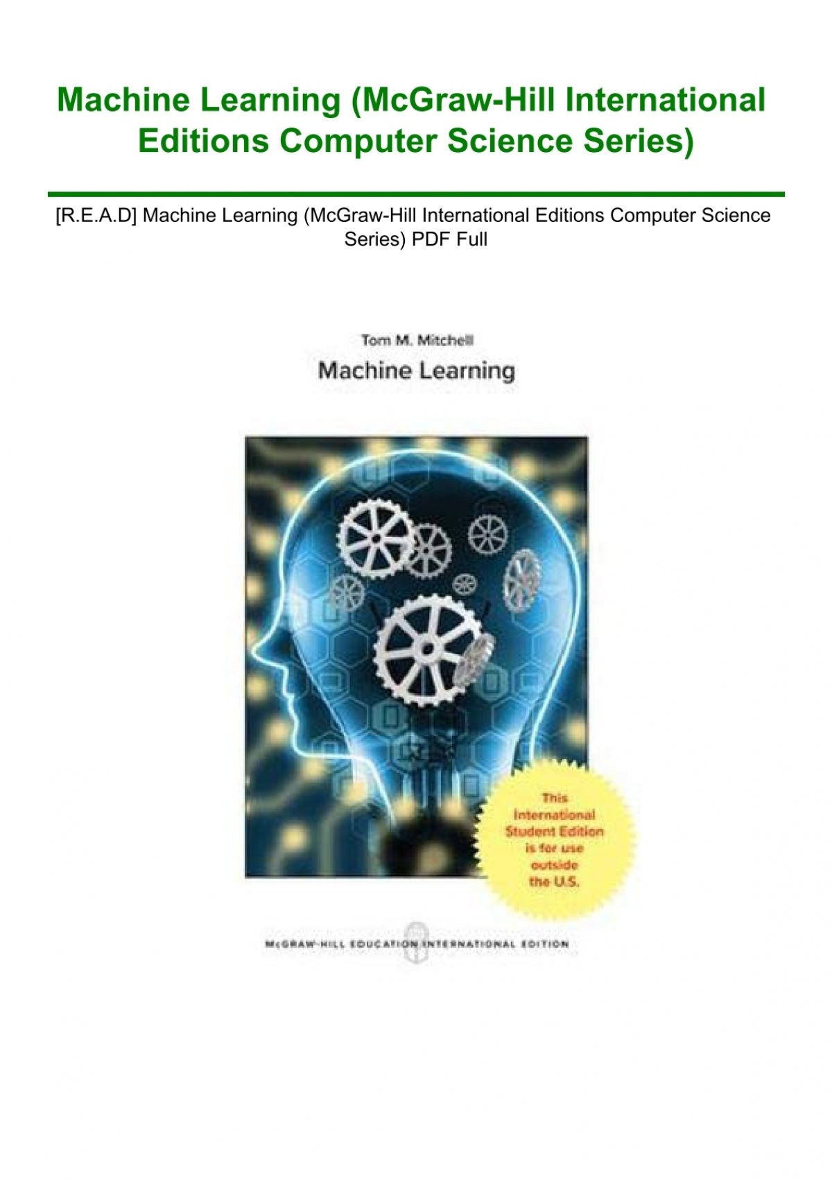 Machine Learning (McGraw-Hill International Editions Computer Science  Series)