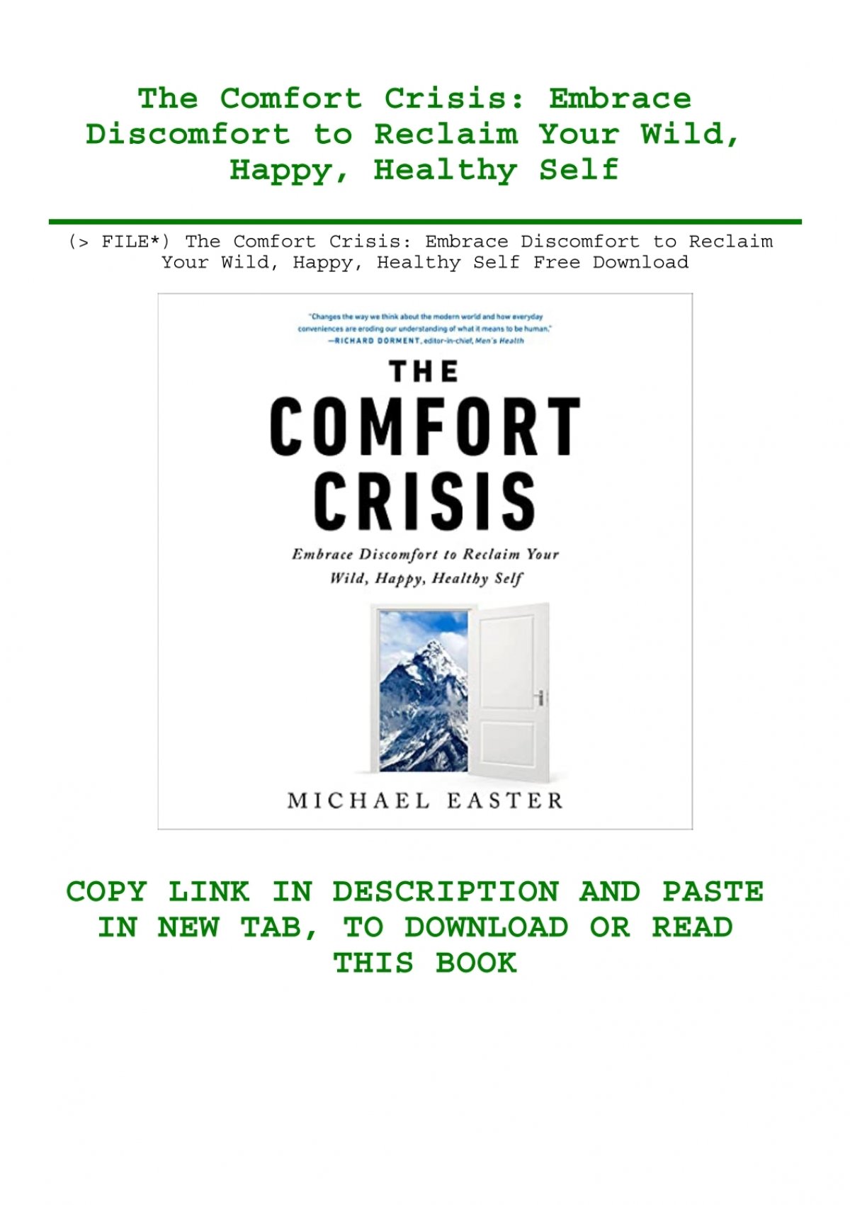 The Comfort Crisis: Embrace Discomfort To Reclaim Your Wild, Happy, Healthy  Self eBook : Easter, Michael: : Kindle Store
