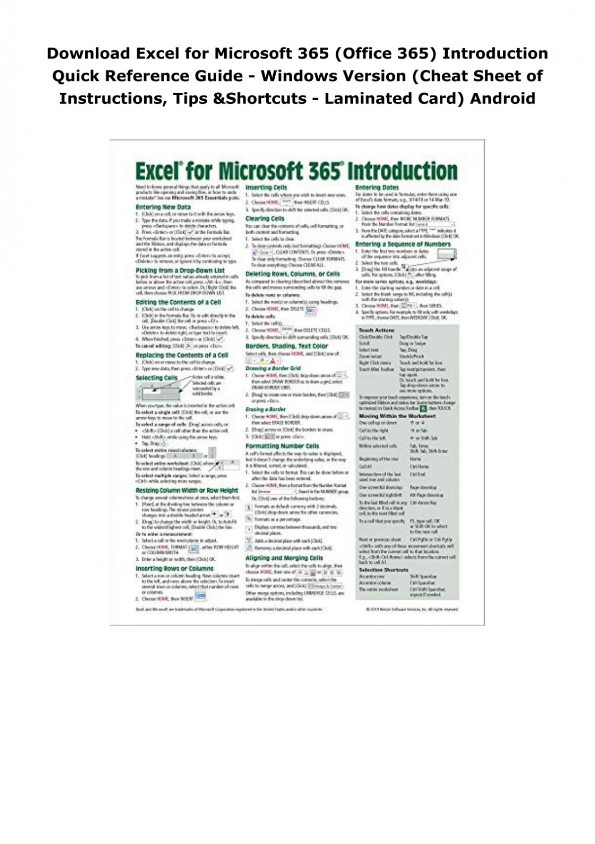 Excel For Microsoft 365 Office 365 Introduction Quick Reference Guide Windows Version Cheat 4461