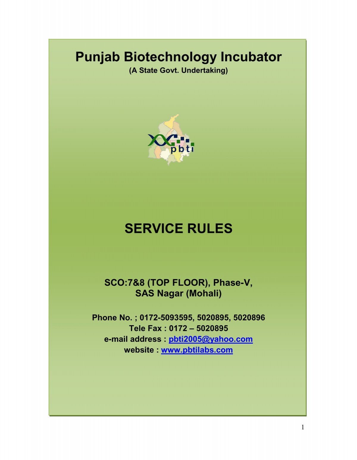 Service Rules Pbti Punjab Biotechnology Incubator