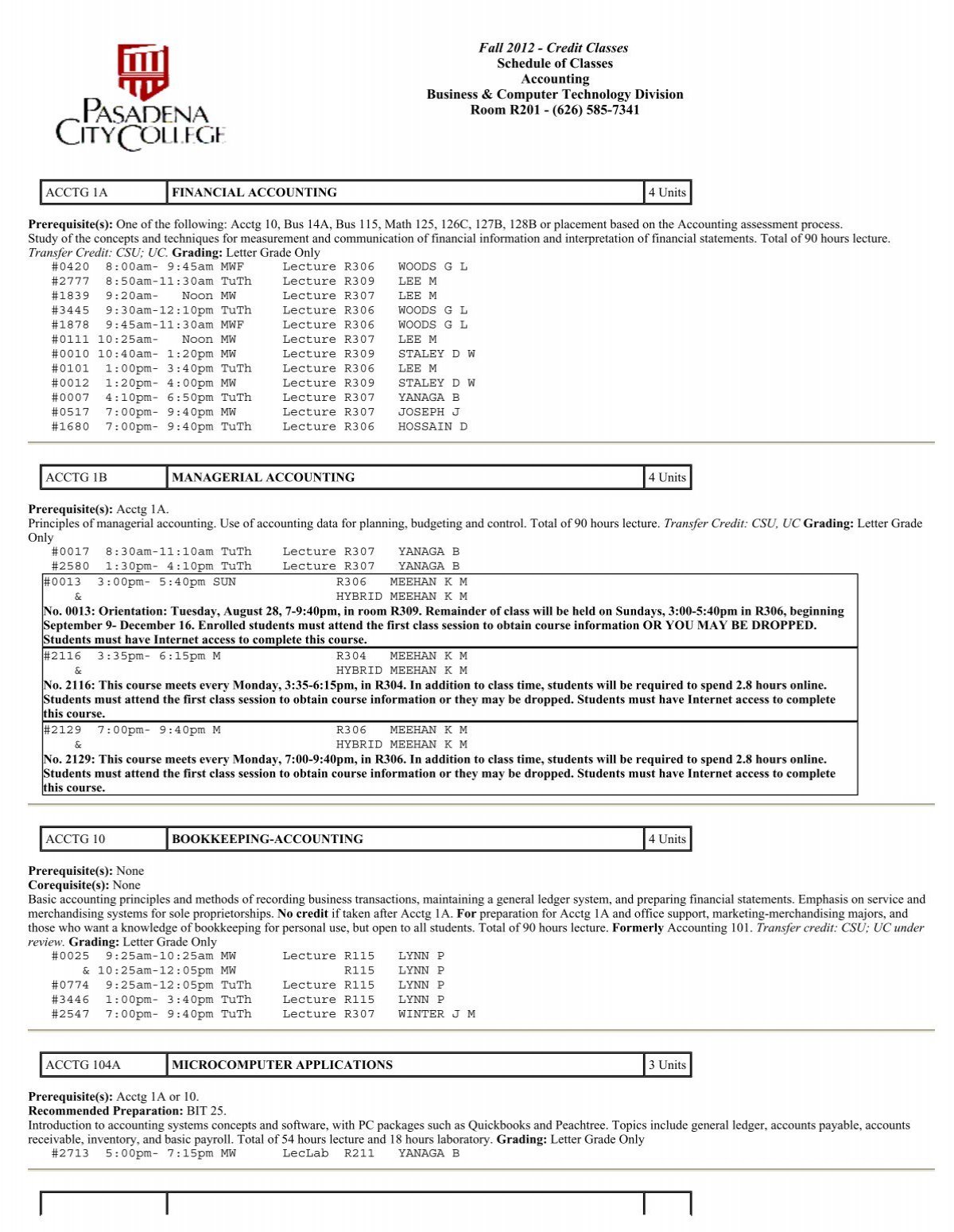 Fall 2012 - Credit Classes Schedule of Classes Accounting