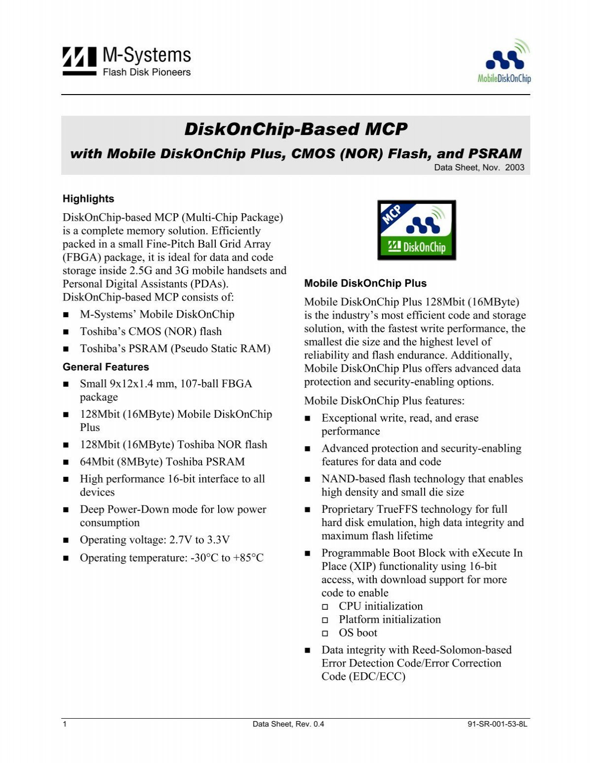 Data Sheet Diskonchip Based Mcp 1 Ms01 D7n7p6 B1 Read