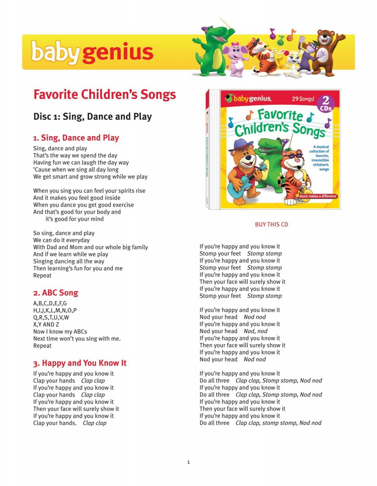Favorite Children S Songs Disc 1 Sing Dance And Play Baby Genius