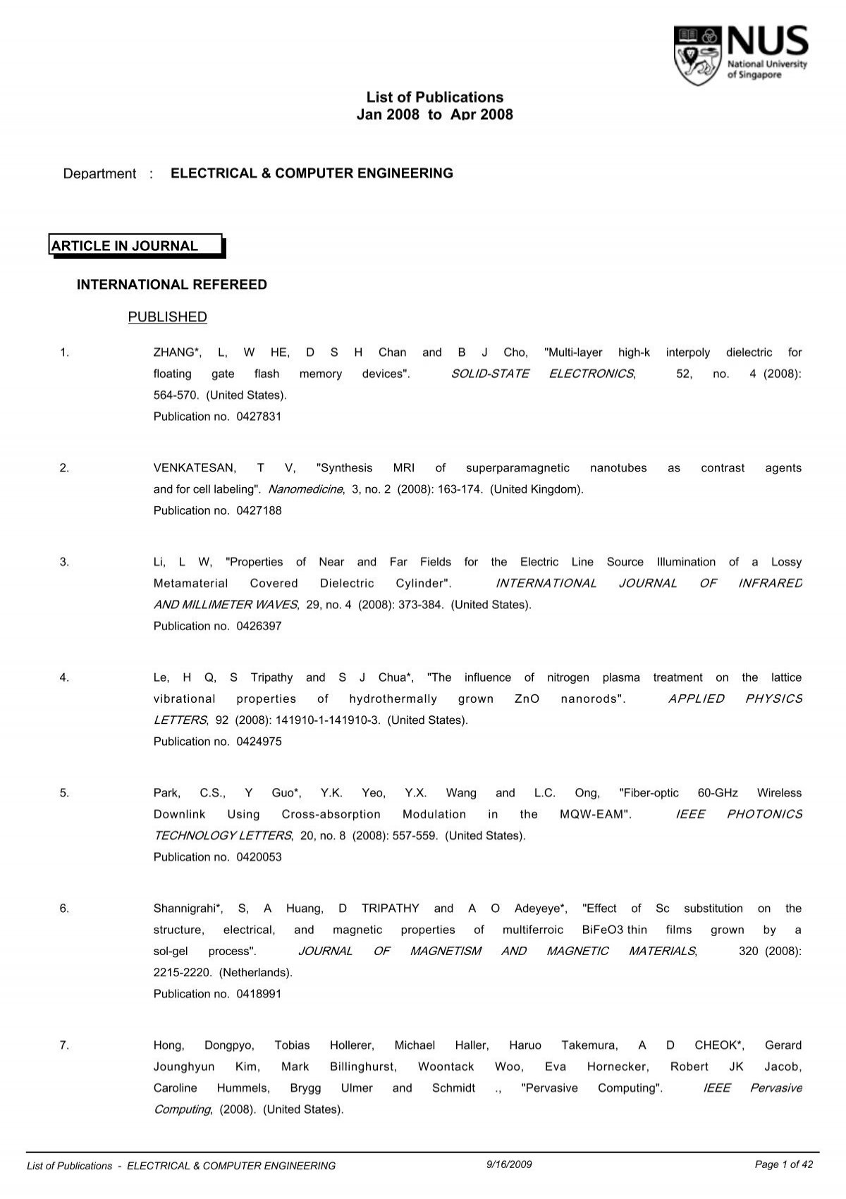 List of Publications - Department of Electrical and Computer 