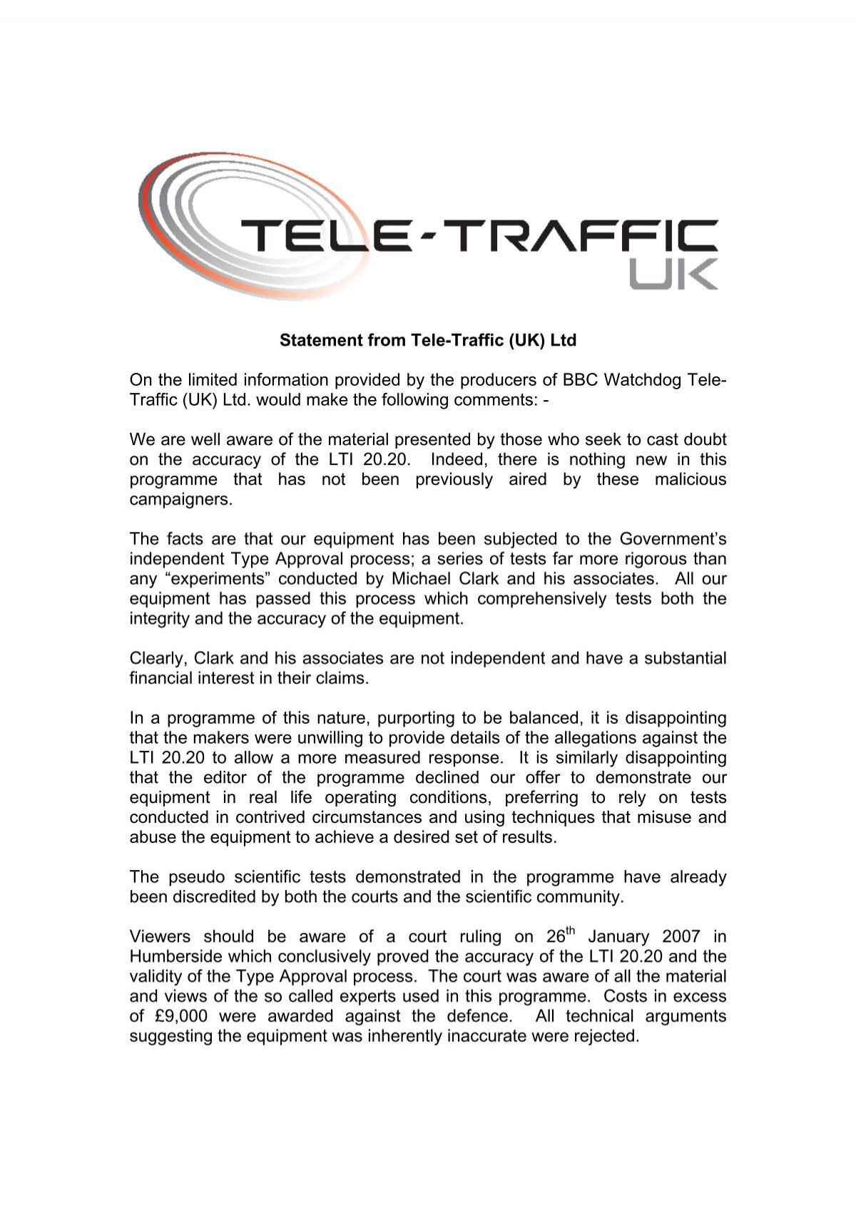 Statement From Tele Traffic Uk Ltd On The Limited Information