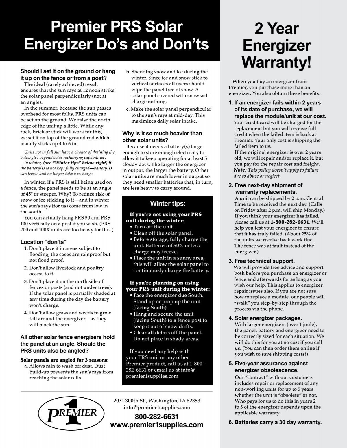 Premier PRS Solar Energizer Do's and Don'ts - Premier One Supplies