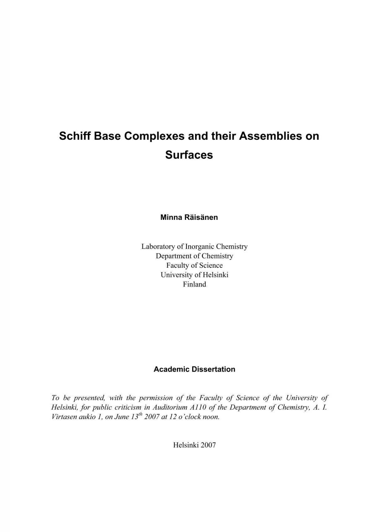 Schiff Base Complexes And Their Assemblies On Surfaces Doria