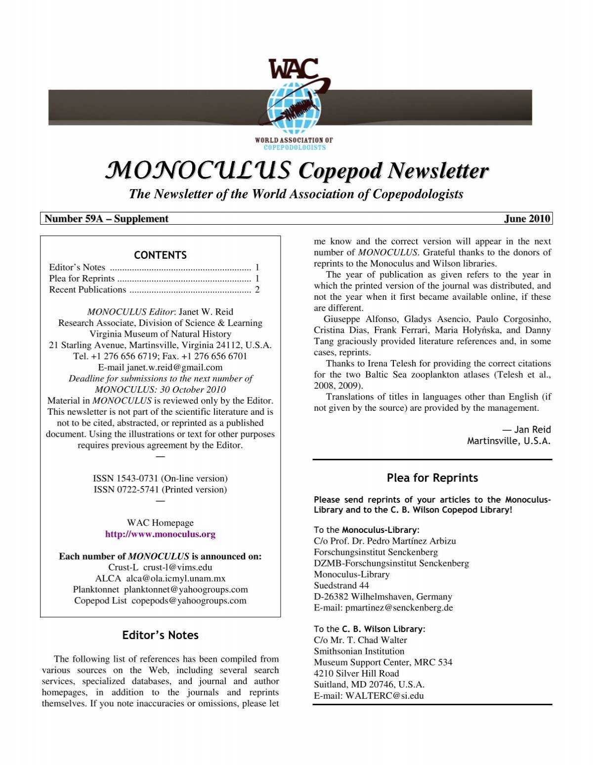 MONOCULUS Copepod Newsletter - World Association of