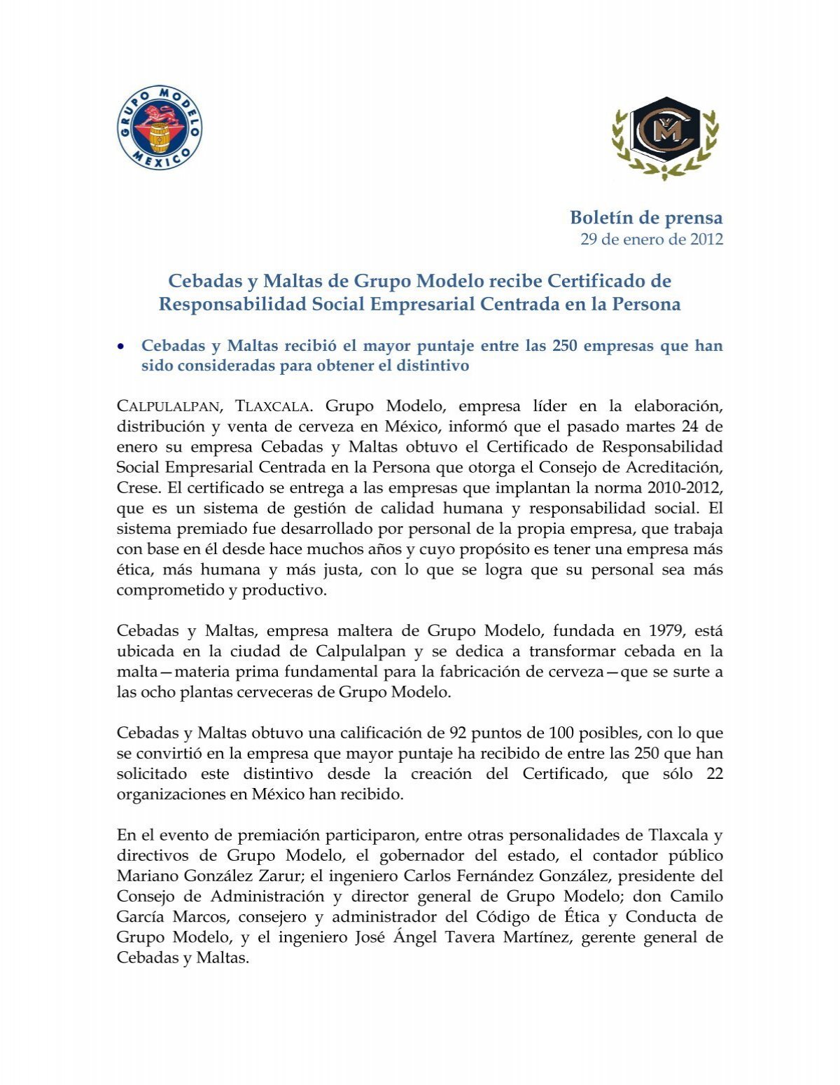 Boletín de prensa Cebadas y Maltas de Grupo Modelo recibe ...