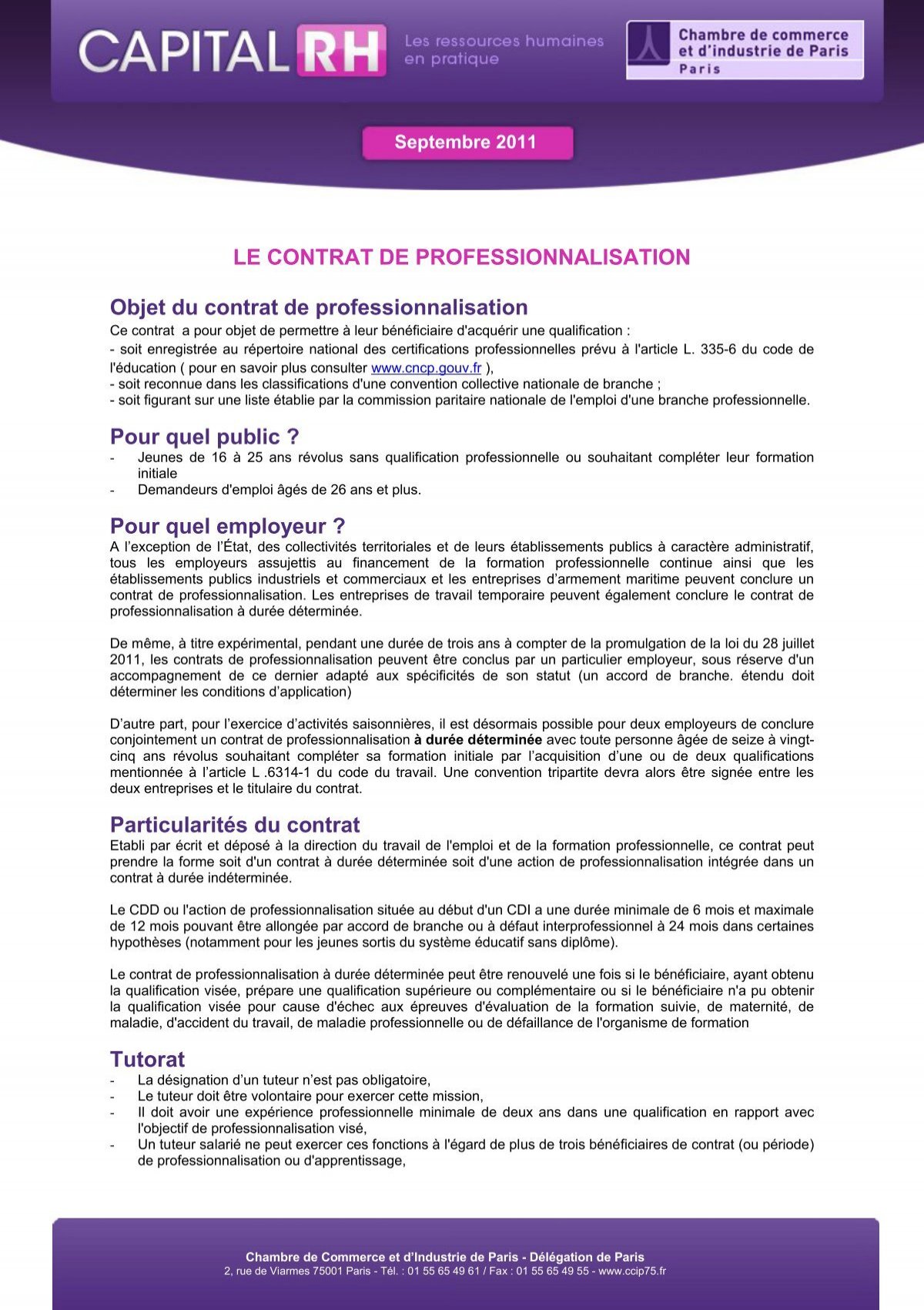 Le Contrat De Professionnalisation Objet Du Cci Paris