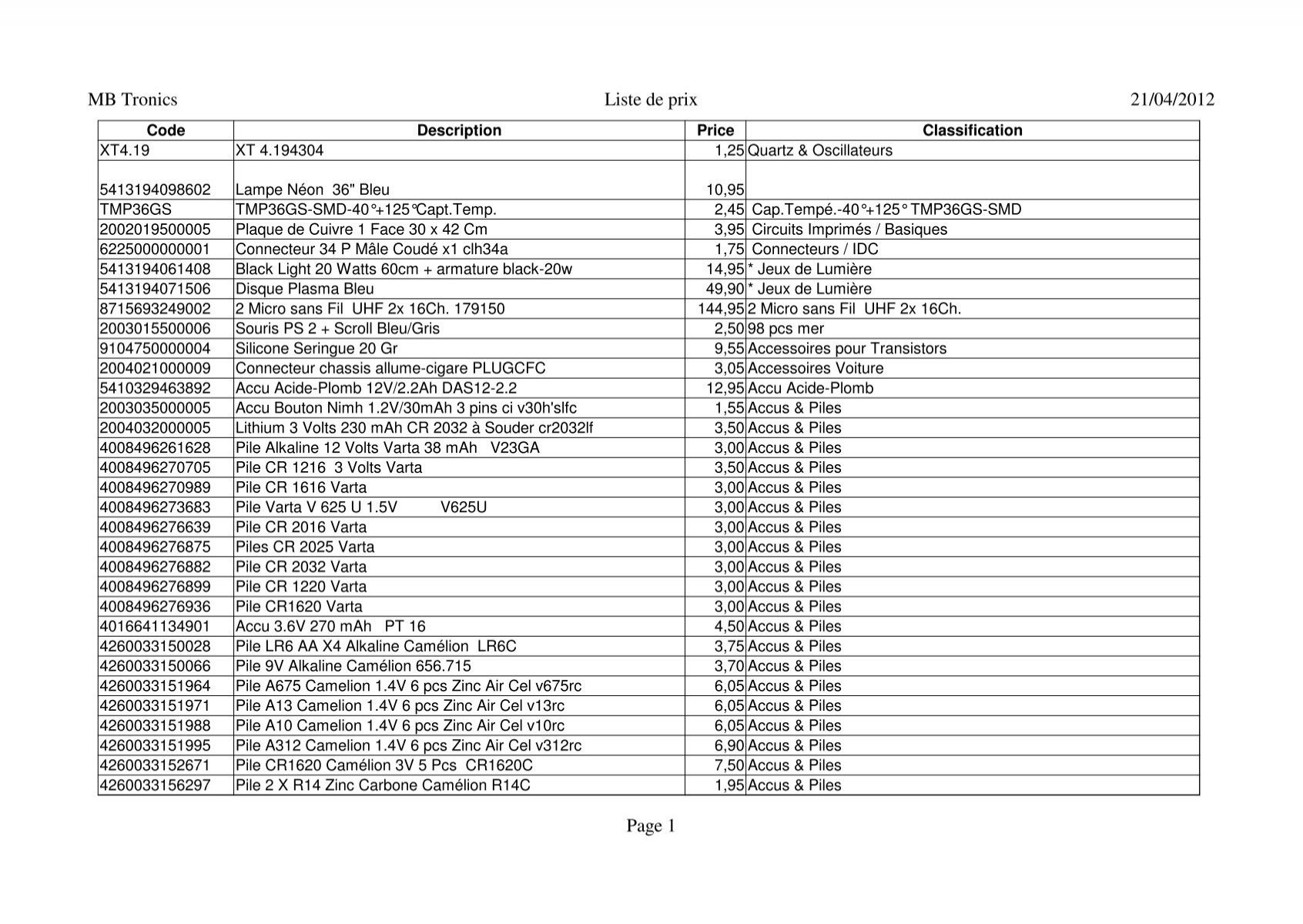 Télécharger au format PDF la liste complète des - MBTronics