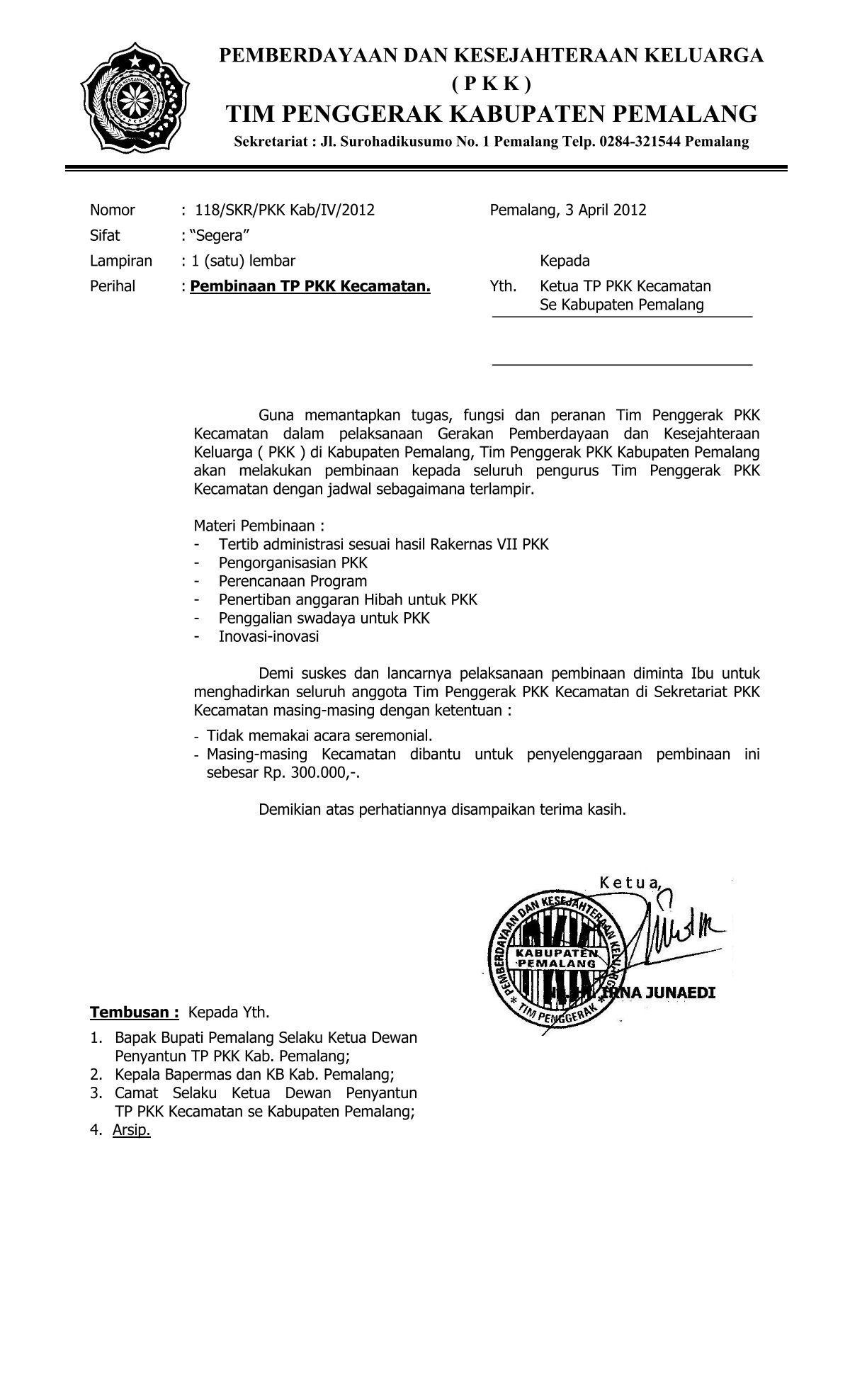 Surat Pembinaan PKK Kecamatan 2012 - TNDE Pemalang