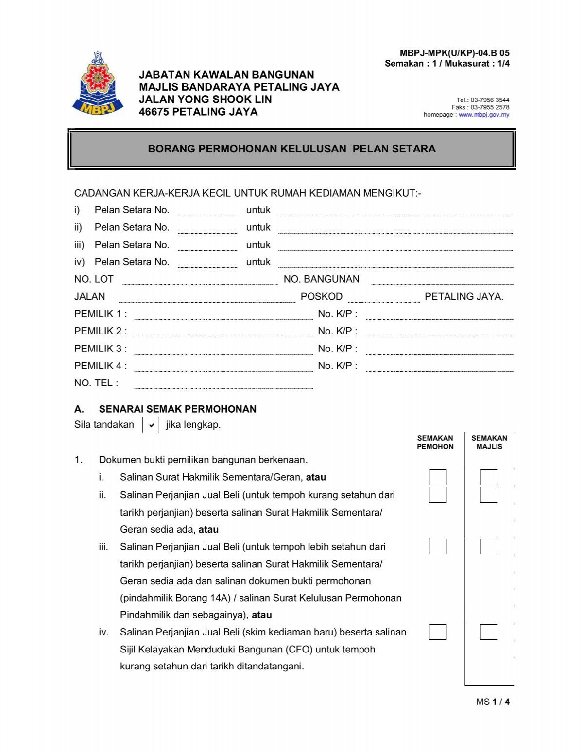 PBB05 Borang Permohonan Kelulusan Pelan Setara - MBPJ - Majlis 