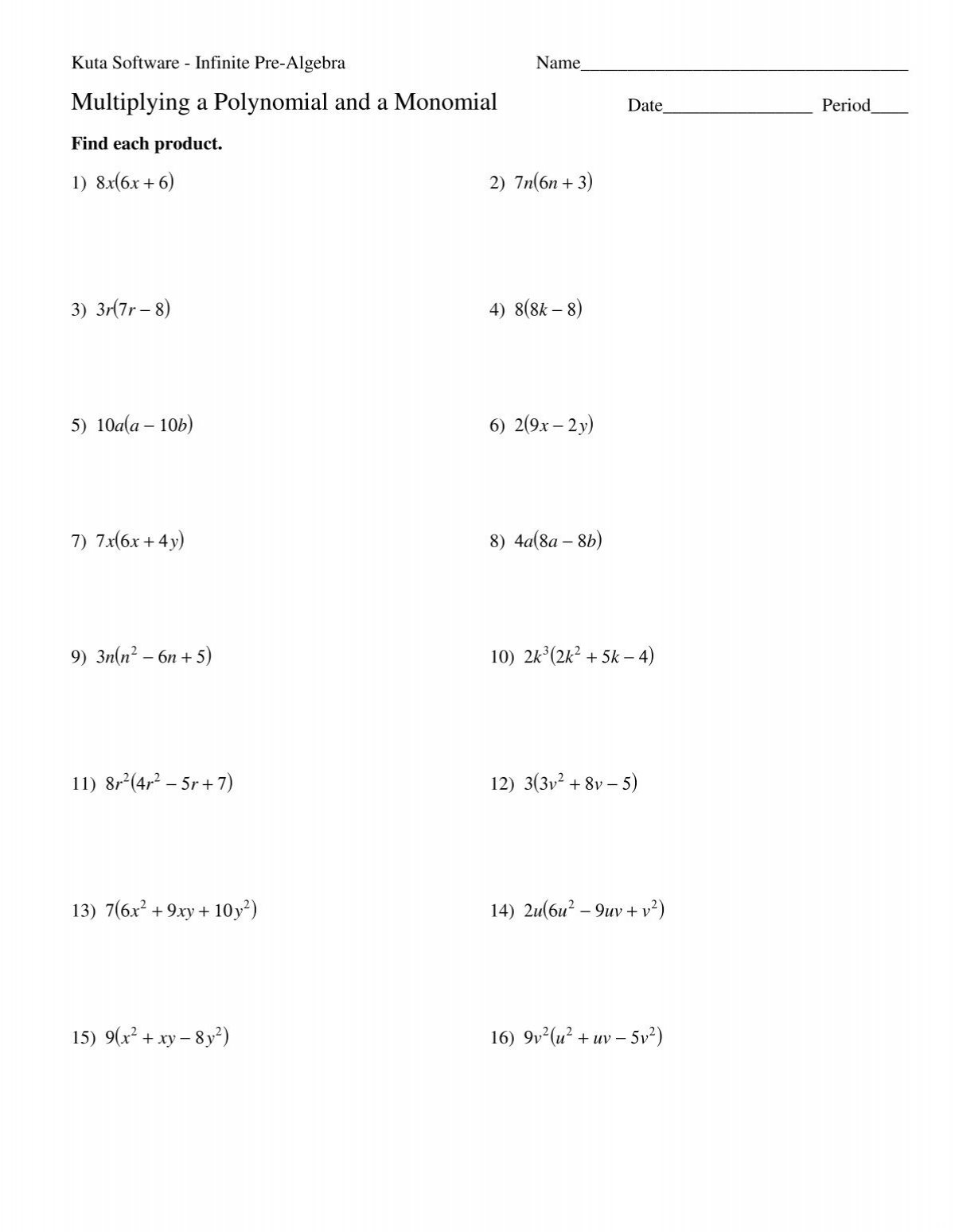 Multiplying a Polynomial and a Monomial Worksheets Kuta Software
