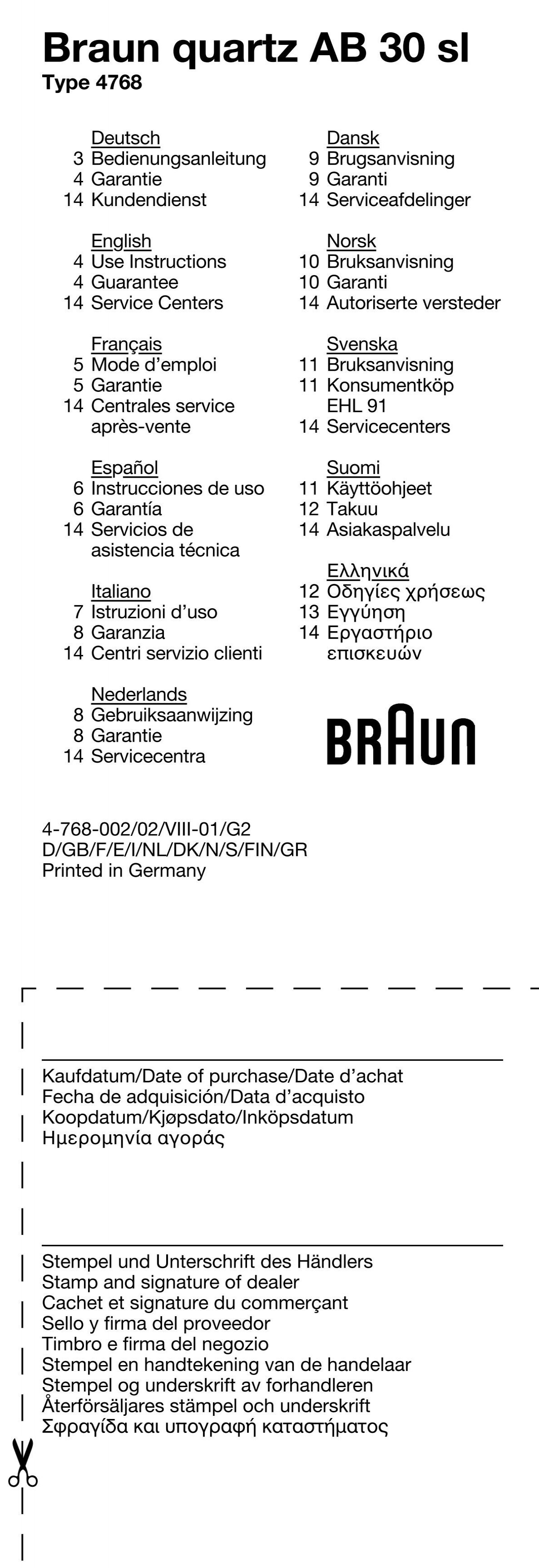 Ab30 Sl Braun Consumer Service Spare Parts Use Instructions