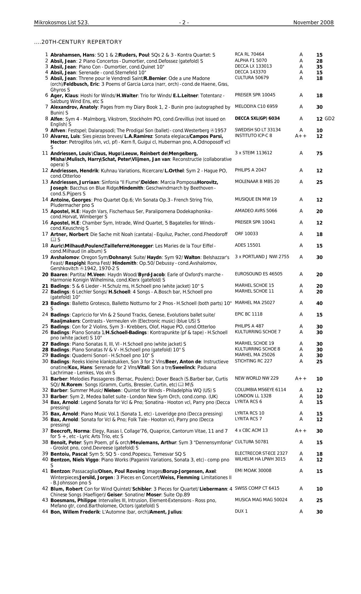 Mikrokosmos List 523. - 2 - November 2008.20TH-CENTURY