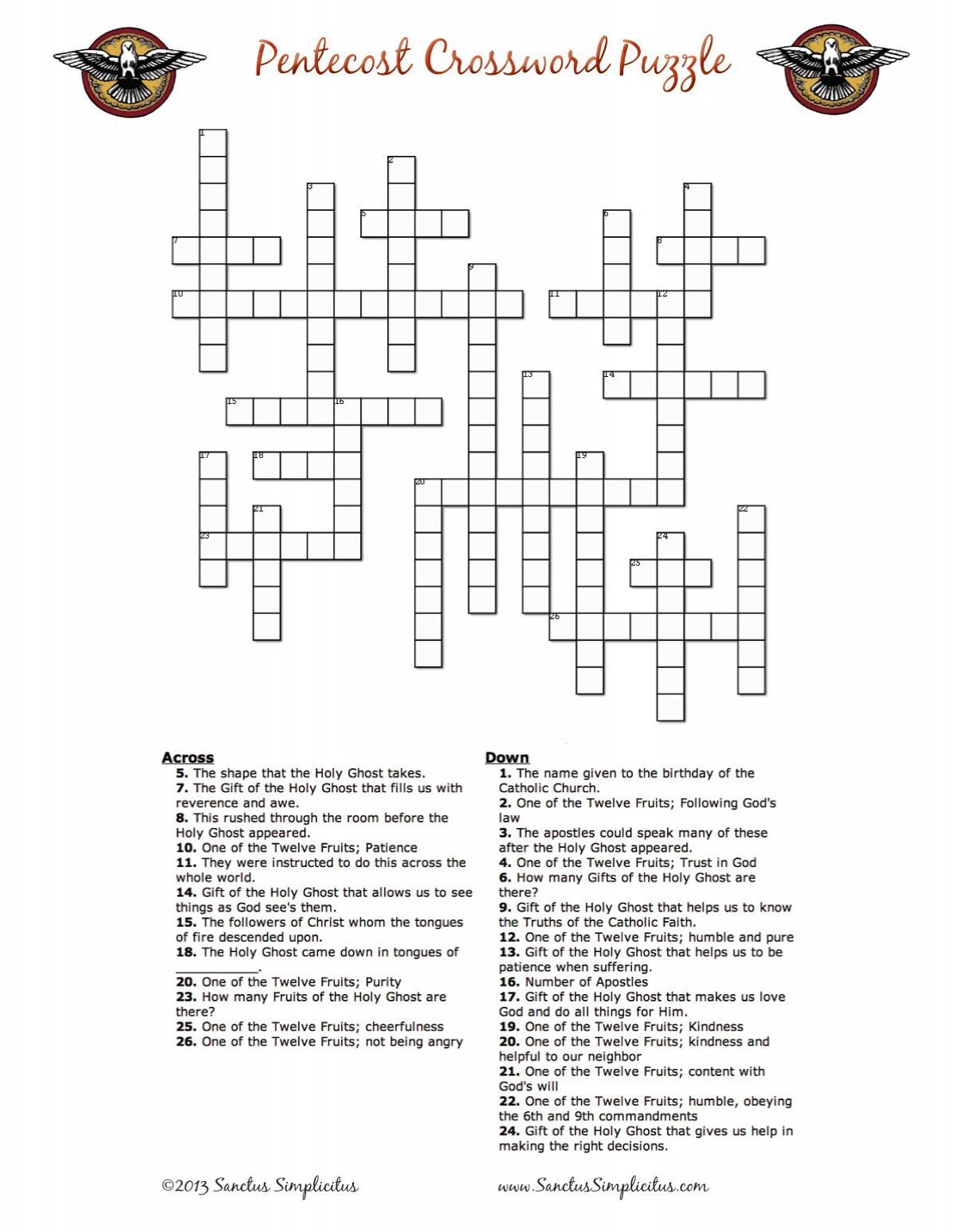 Pentecost Crossword Puzzle Sanctus Simplicitus