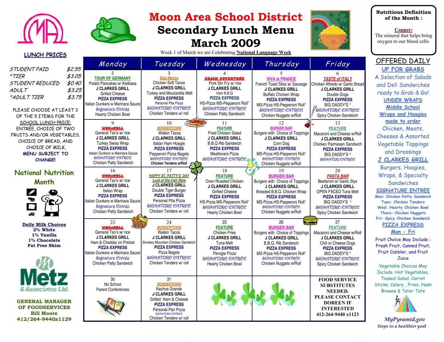 Moon Area School District Secondary Lunch Menu March 2009