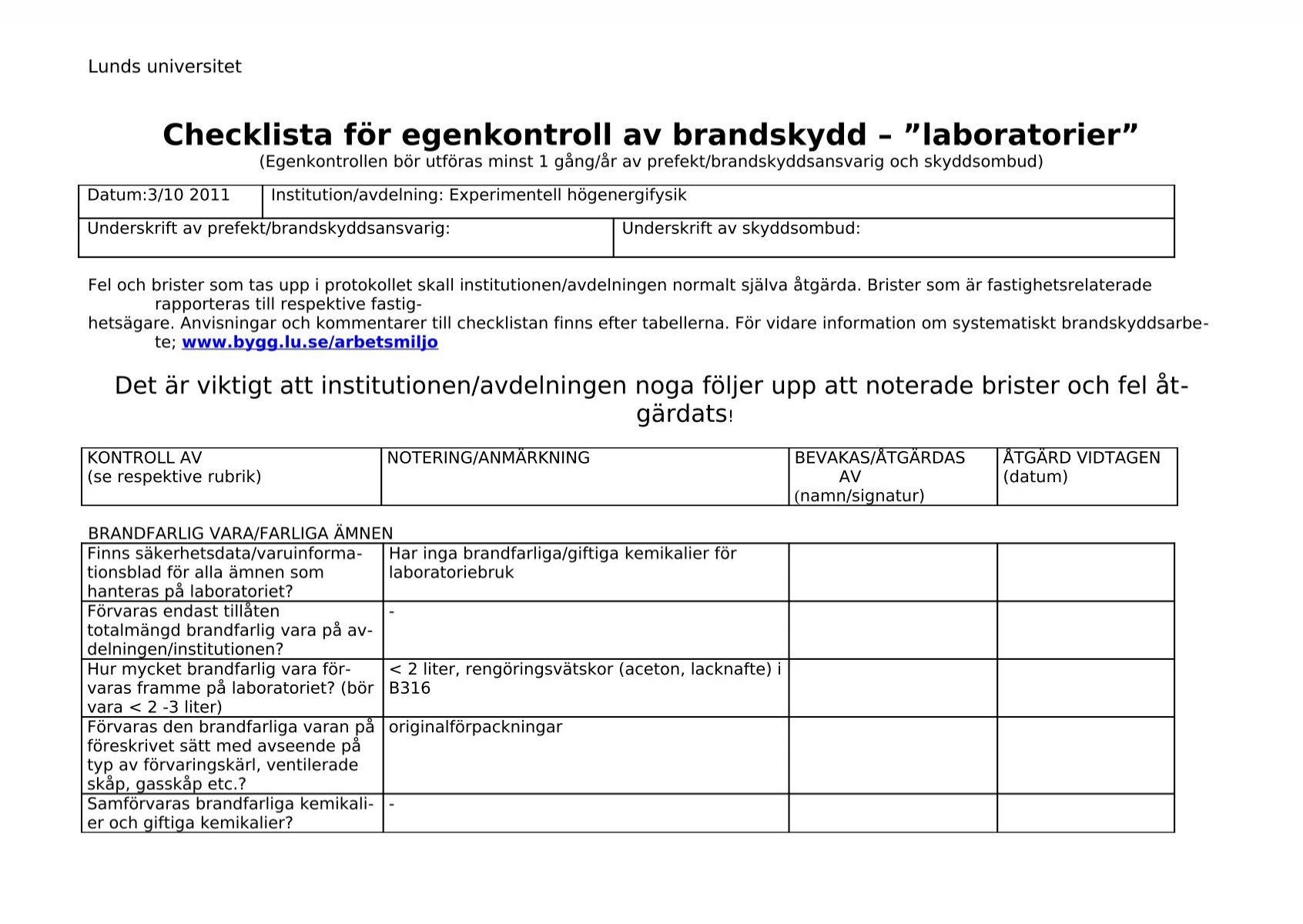 Checklista FÃ¶r Egenkontroll Av Brandskydd Lunds Universitet 