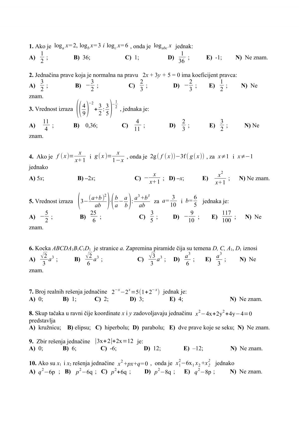 Primer Testa Iz Matematike Pdf
