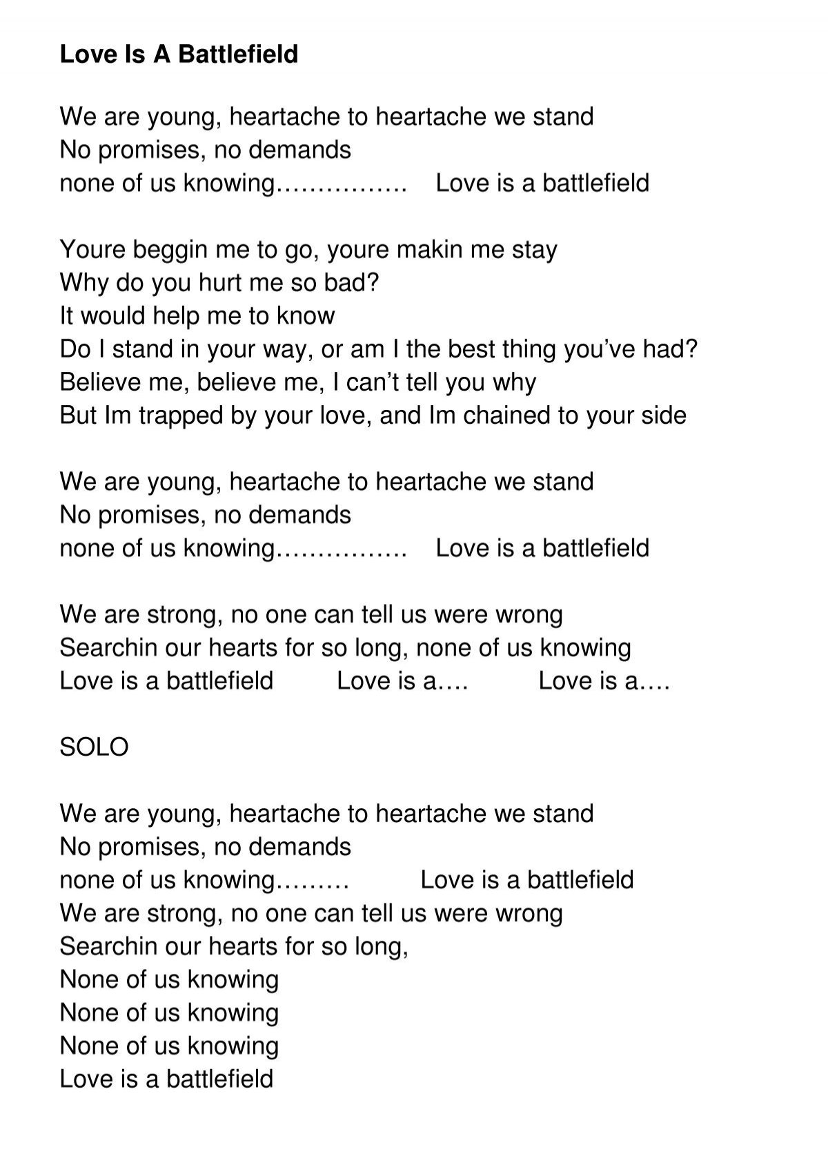 1love Is A Battlefield Lyrics