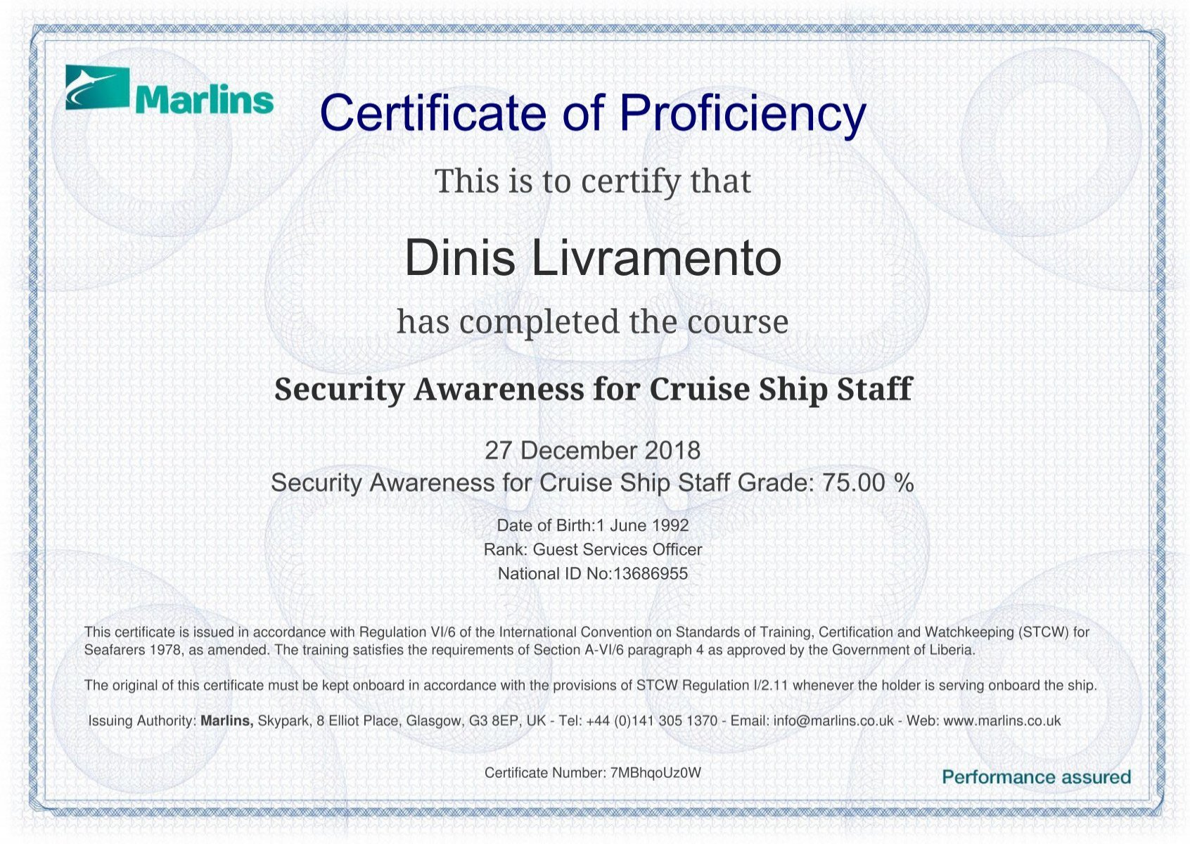 Security Awareness for Cruise Ship Staff Liberia Flag Approved Security