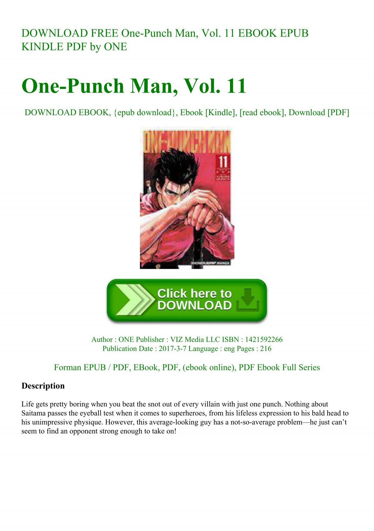 Download Free One Punch Man Vol 11 Ebook Epub Kindle Pdf By One
