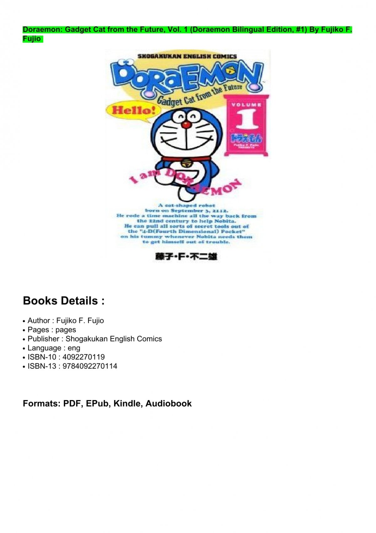 TRUTHFUL) Doraemon: Gadget Cat from the Future, Vol. 1 (Doraemon Bilingual